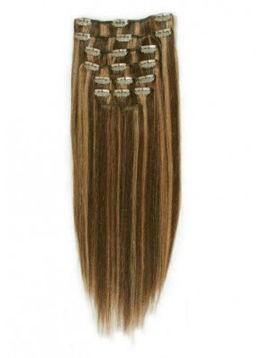 Fashion Brown Straight Remy Real Hair Clip In Hair Extensions