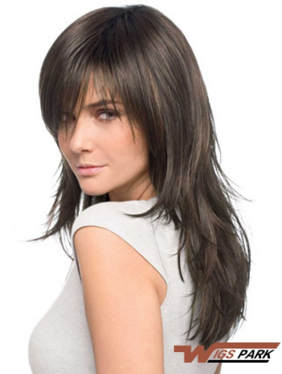 Realistic Brown Straight Remy Real Hair Easy Long Wigs With Bangs