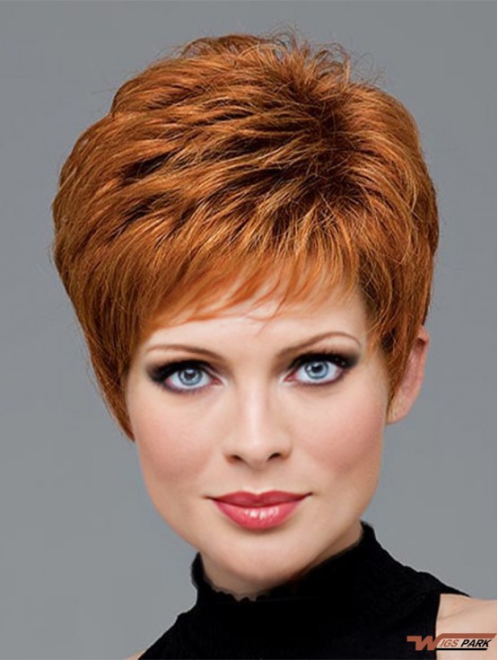 Real Hair Wigs With Capless Wavy Style Auburn Color