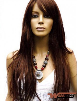 Real Hair Wig Long Length Auburn Color Lace Front With Bangs