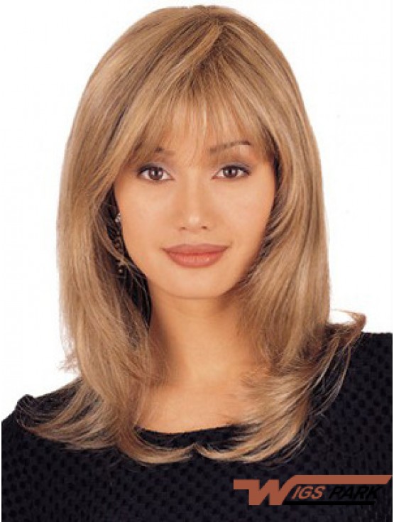 Straight Real Hair Lace Wigs Shoulder Length Blonde Color Layered Cut