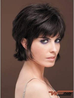 Naturally Straight Real Hair Wig With Bangs Capless Short Length Black Color