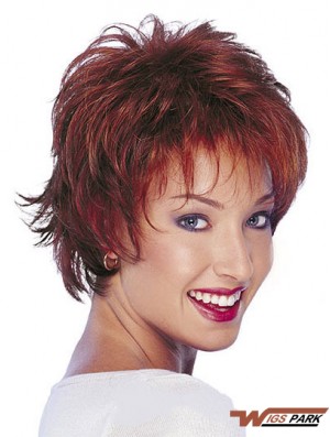 Real Hair Natural Wavy Wigs With Capless Short Length Red Color