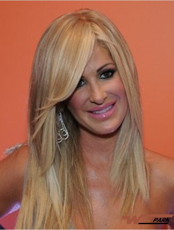  Wigs With Bangs Lace Front Long Length Blonde Color Real Hair Wigs