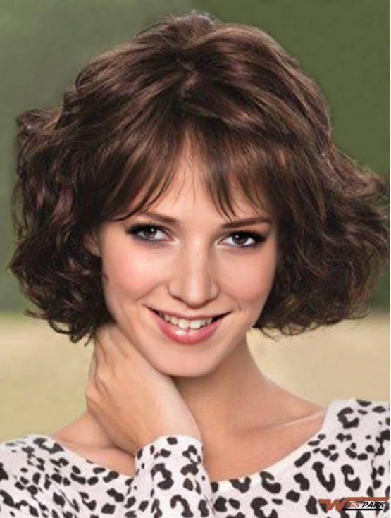 Lace Wig With Bangs Wavy Style Chin Length Brown Color