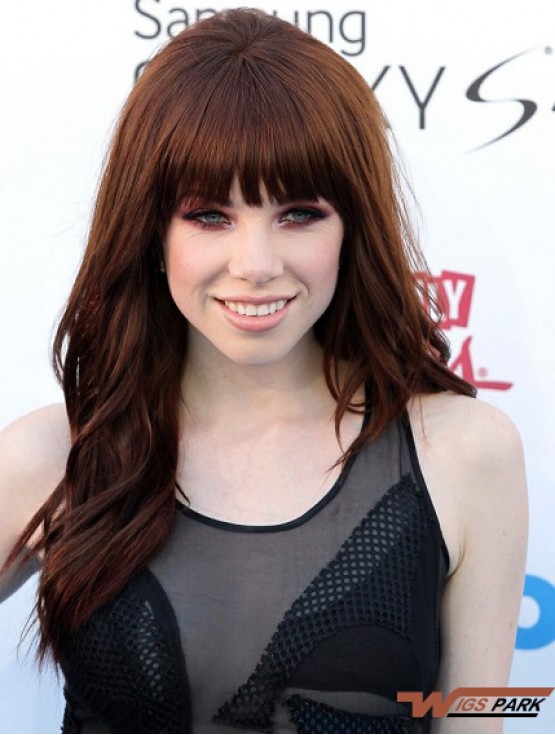 Carly Rae Jepsen Wigs With Bangs Long Length Wavy Style Auburn Color