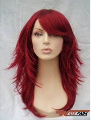 Red Real Hair Wigs Full Wig With Bangs Wavy Style Shoulder Length