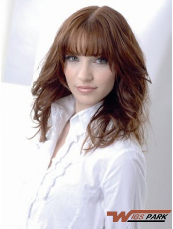 Wavy Real Hair Wig Medium Auburn Color Shoulder Length With Bangs