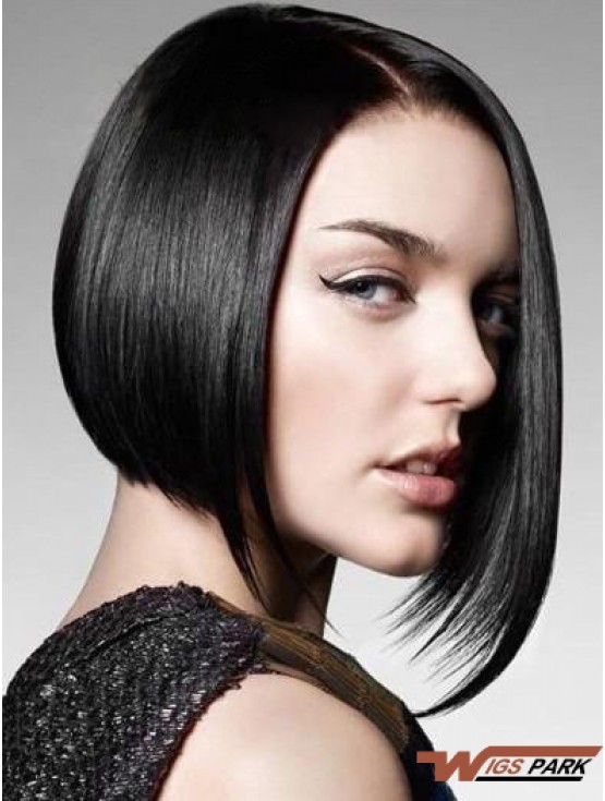 Remy Real Monofilament Chin Length Straight Black Bob Wig