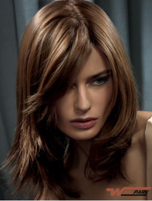 Long Brown Wavy Real Hair Wig With Capless Straight Style