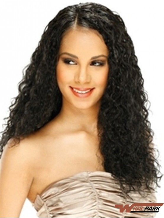 Real Hair Lace Front Wig Curly Style Long Length Black Color