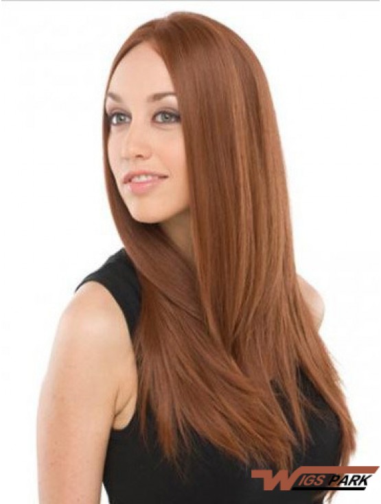 UK Mono Wigs Real Hair With Lace Front Auburn Color Long Length