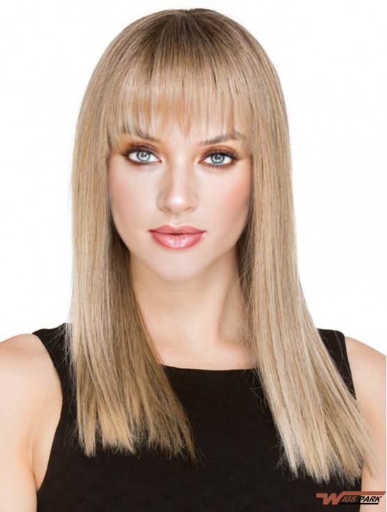 Blonde Long Real Hair Monofilament Wigs With Fringe With Bangs For Women