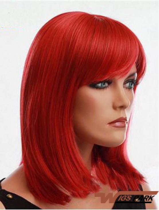 Real Hair Red Wig With Bangs Capless Red Color Straight Style