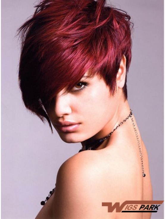 Real Hair Lace Front Wig With Bangs Short Length Red Color