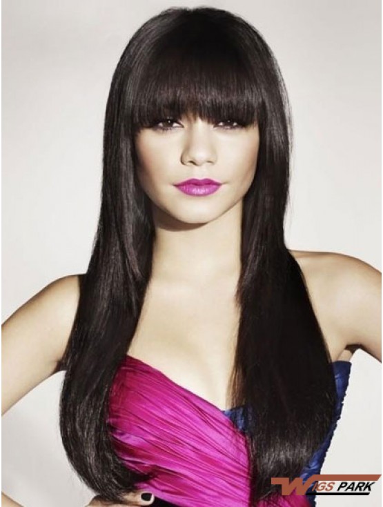 Black Real Hair With Bangs Long Length Straight Style