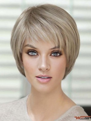 Blonde Short Straight With Bangs Monofilament Wigs