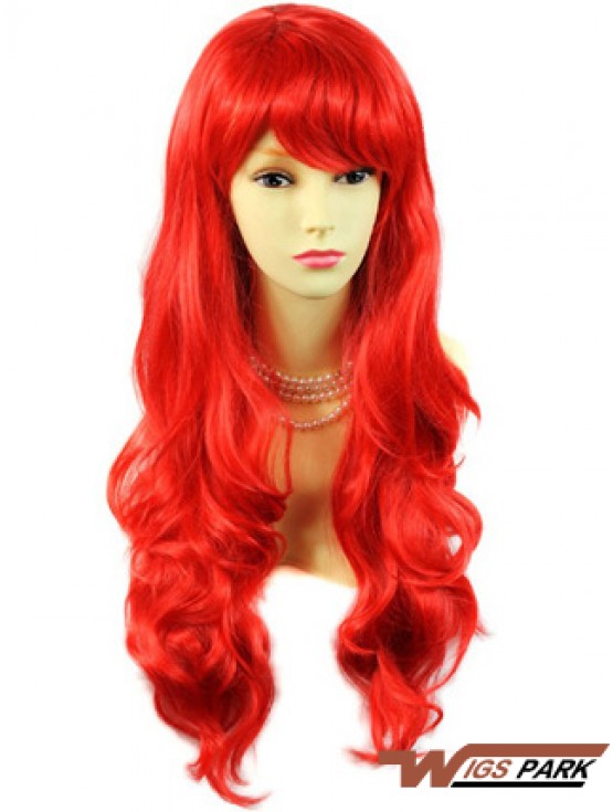 Hot Sale Real Hair Long Wavy With Bangs 24 Inches Red Wigs 