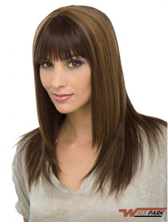 With Bangs Modern Straight Brown Long Real Hair Wigs