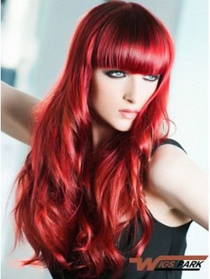 Capless Wavy 22 inch With Bangs Long Red Real Hair