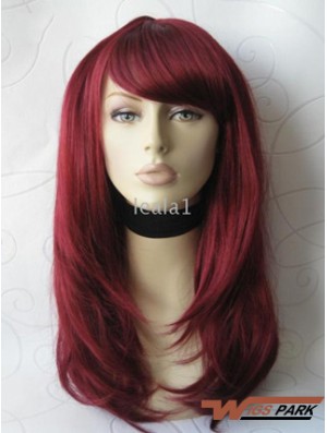 Front Lace Wig With Bangs Long Length Straight Style Red Color