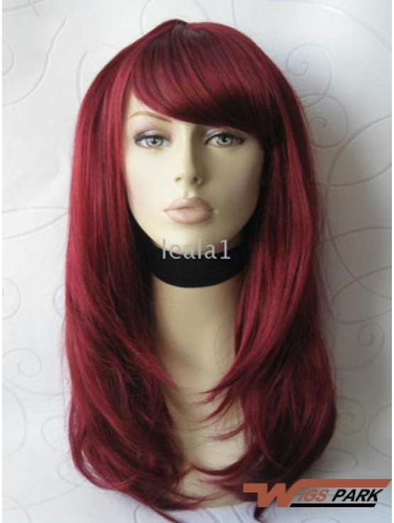 Front Lace Wig With Bangs Long Length Straight Style Red Color