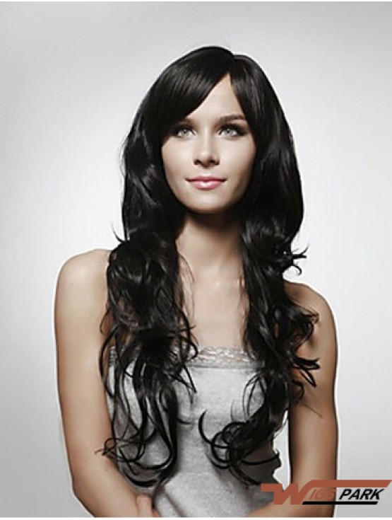 Long Curly Real Hair Wigs Layered Cut Black Color