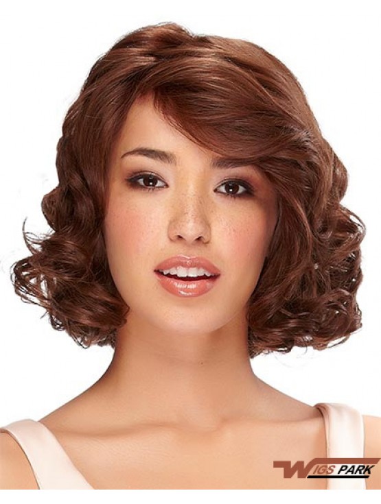 Chin Length Auburn Curly With Bangs Monofilament Wig Real