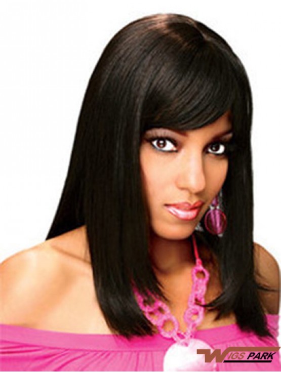 Full Real Hair Wigs With Bangs Full Lace Shoulder Length Black Color