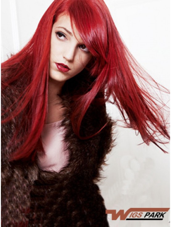 20 inch Straight Capless With Bangs Real Hair Long Red Wig