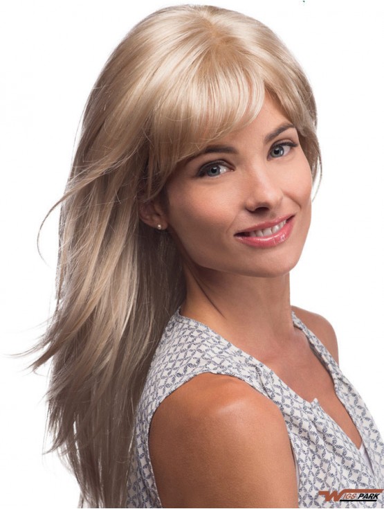 Long Blonde Real Hair Wigs Blonde Color Straight Style Layered Cut