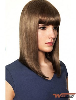 With Bangs High Quality Straight Brown Shoulder Length Real Hair Wigs