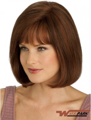 Real Hair Long Bob Wigs With Monofilament Straight Style Auburn Color