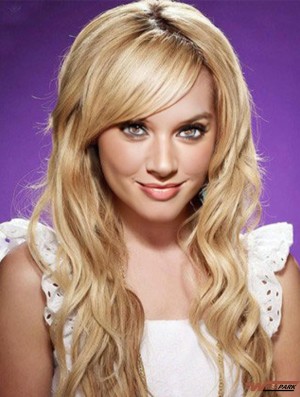 With Bangs Top Wavy Blonde Long Real Hair Lace Front Wigs