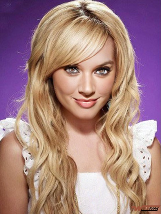 With Bangs Top Wavy Blonde Long Real Hair Lace Front Wigs