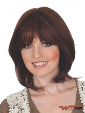 Suitable 12 inch Auburn Chin Length With Bangs Straight Lace Wigs