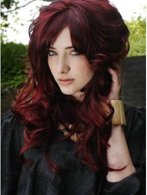 Lace Frontal With Bangs Long Length Red Color Wavy Style