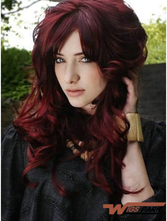 Lace Frontal With Bangs Long Length Red Color Wavy Style