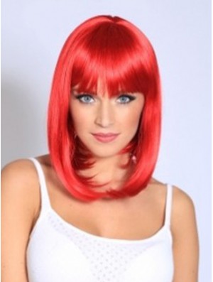 Straight With Bangs Shoulder Length Red Fashionable Lace Front Wigs