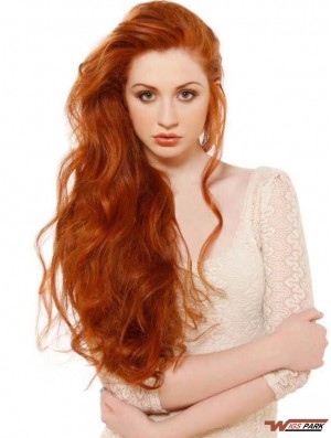 Without Bangs Long Copper Wavy 24 inch Soft Real Hair Beyaz Tenliler Wigs