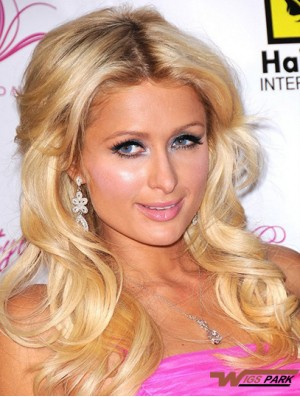 100% Hand-tied Long Wavy Without Bangs Blonde Natural Paris Hilton Wigs