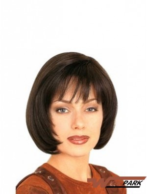 With Bangs Durable Straight Brown Chin Length Real Hair Wigs