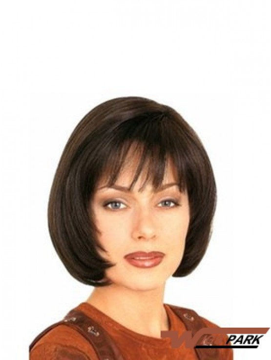 With Bangs Durable Straight Brown Chin Length Real Hair Wigs