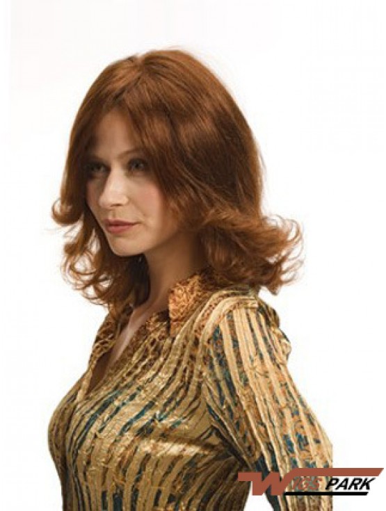 Layered Auburn Shoulder Remy Real Wavy Monofilament Wigs For Women