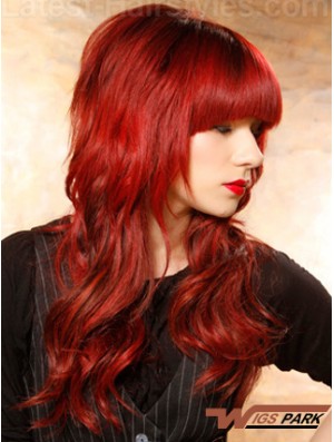 Real Hair Red Wigs Wavy Style Long Length With Bangs