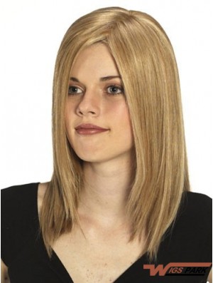 Without Bangs No-Fuss Straight Blonde Long Real Hair Wigs