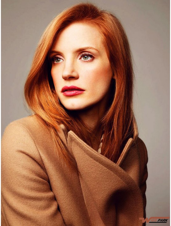 Without Bangs Long Copper Straight 16 inch Comfortable Real Hair Jessica Chastain Wigs