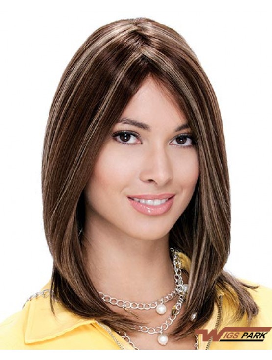 16 inch Brown Shoulder Length Layered Straight Natural Lace Wigs