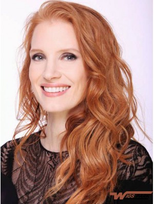 Without Bangs Long Copper Wavy 20 inch Top Real Hair Jessica Chastain Wigs