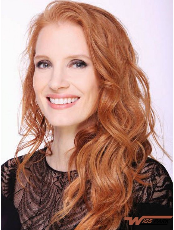 Without Bangs Long Copper Wavy 20 inch Top Real Hair Jessica Chastain Wigs